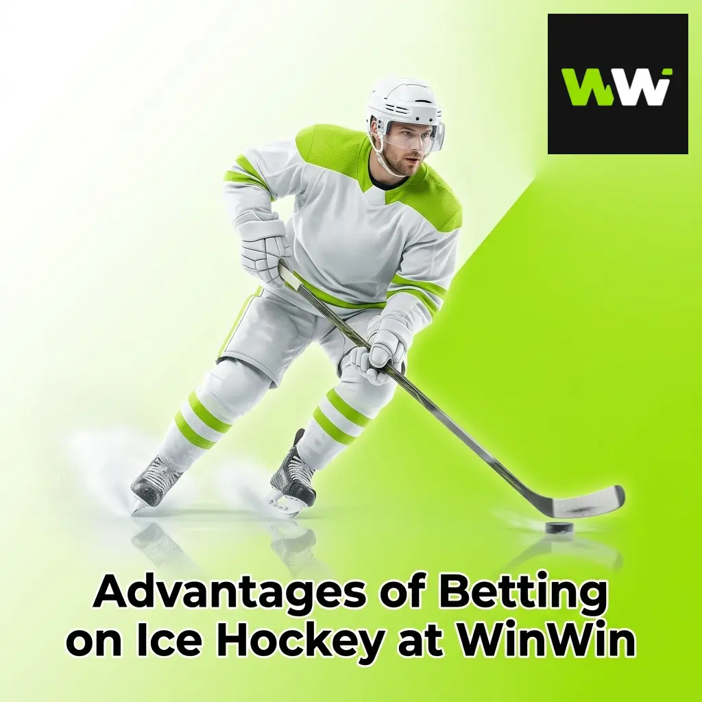 Hockey player scoring goal on ice rink with WinWin betting platform highlights and winning odds display