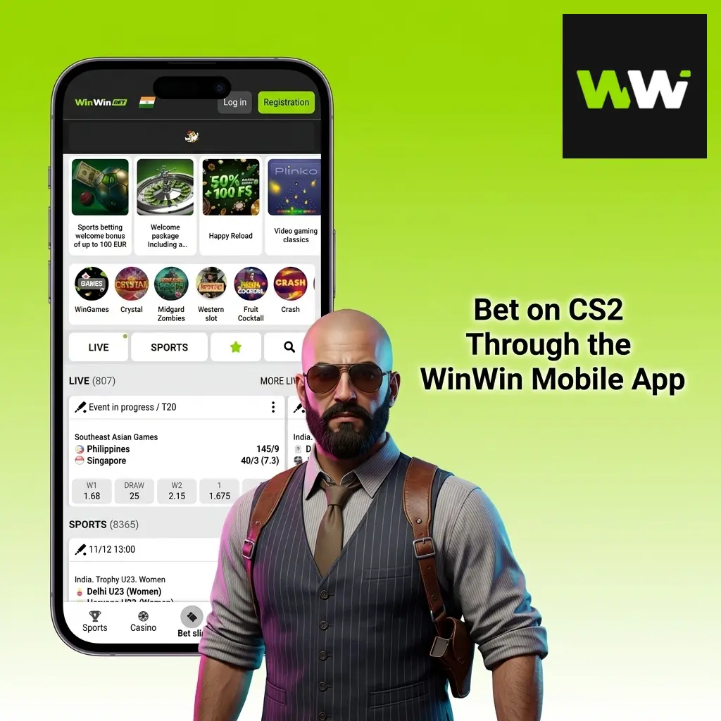 CS2 betting interface displayed on the WinWin mobile app with odds and match options