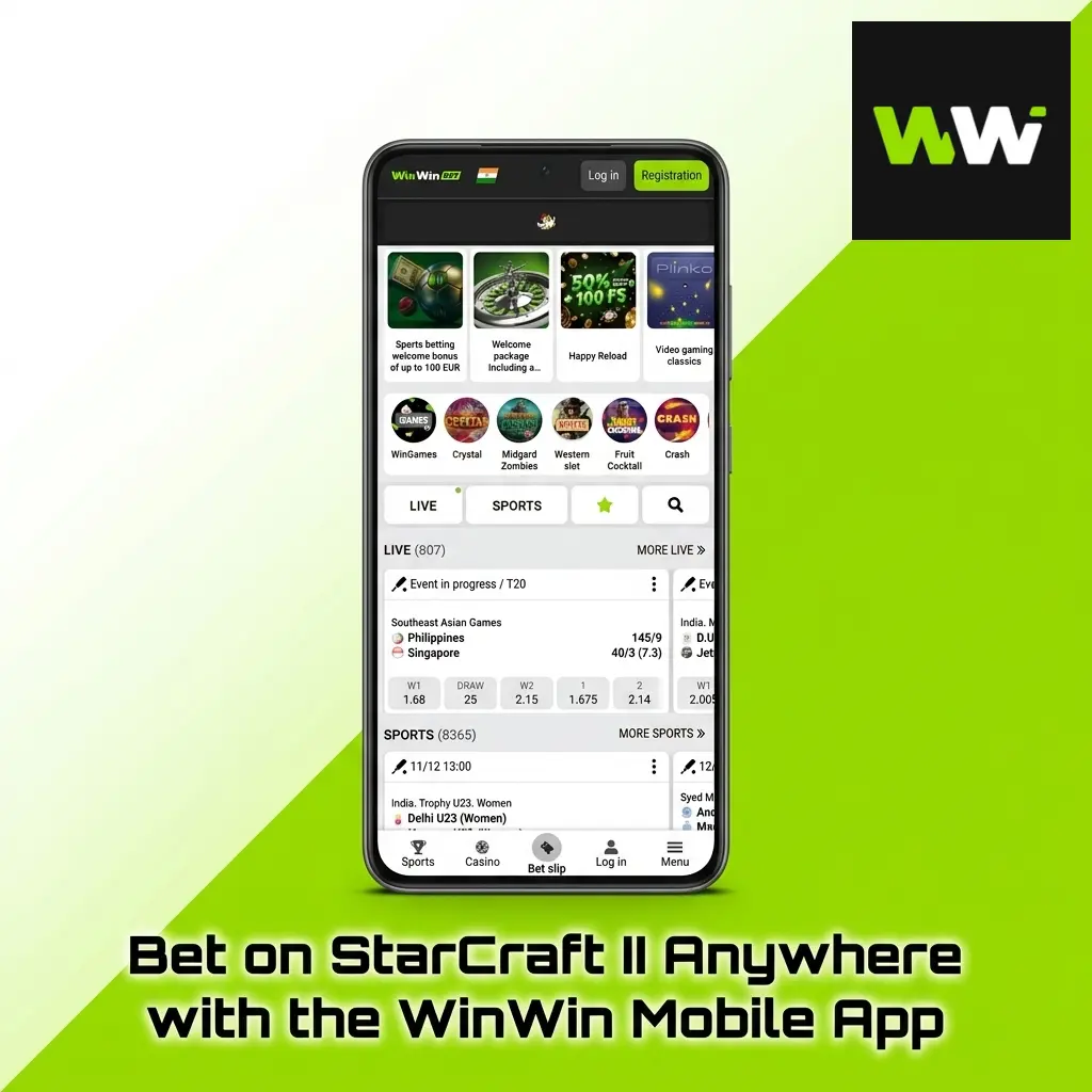 WinWin mobile app interface for betting on StarCraft II esports matches anywhere on your smartphone