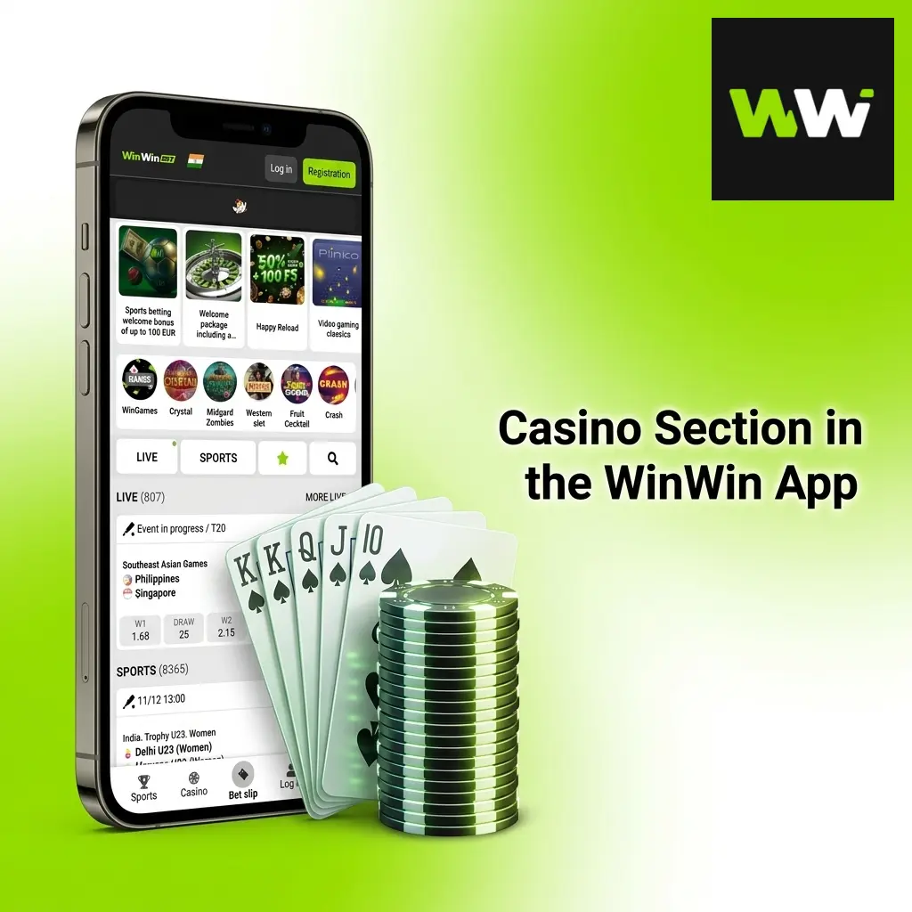 WinWin app casino section displaying game categories, featured slots, and live casino options on mobile interface