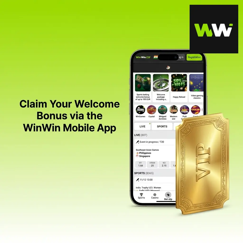 WinWin mobile app welcome bonus claim screen showing registration offer and promotional reward interface