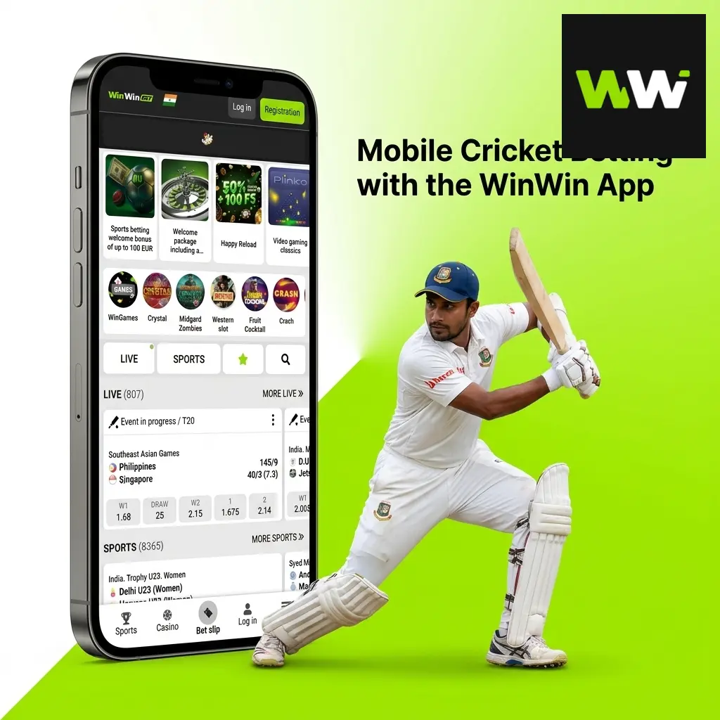 WinWin app mobile cricket betting interface showing live match odds, scores, and wagering options on smartphone screen