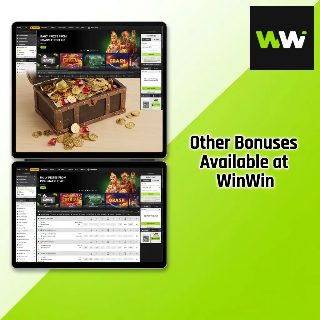 WinWin casino lobby showcasing various bonus offers and promotional banners for players