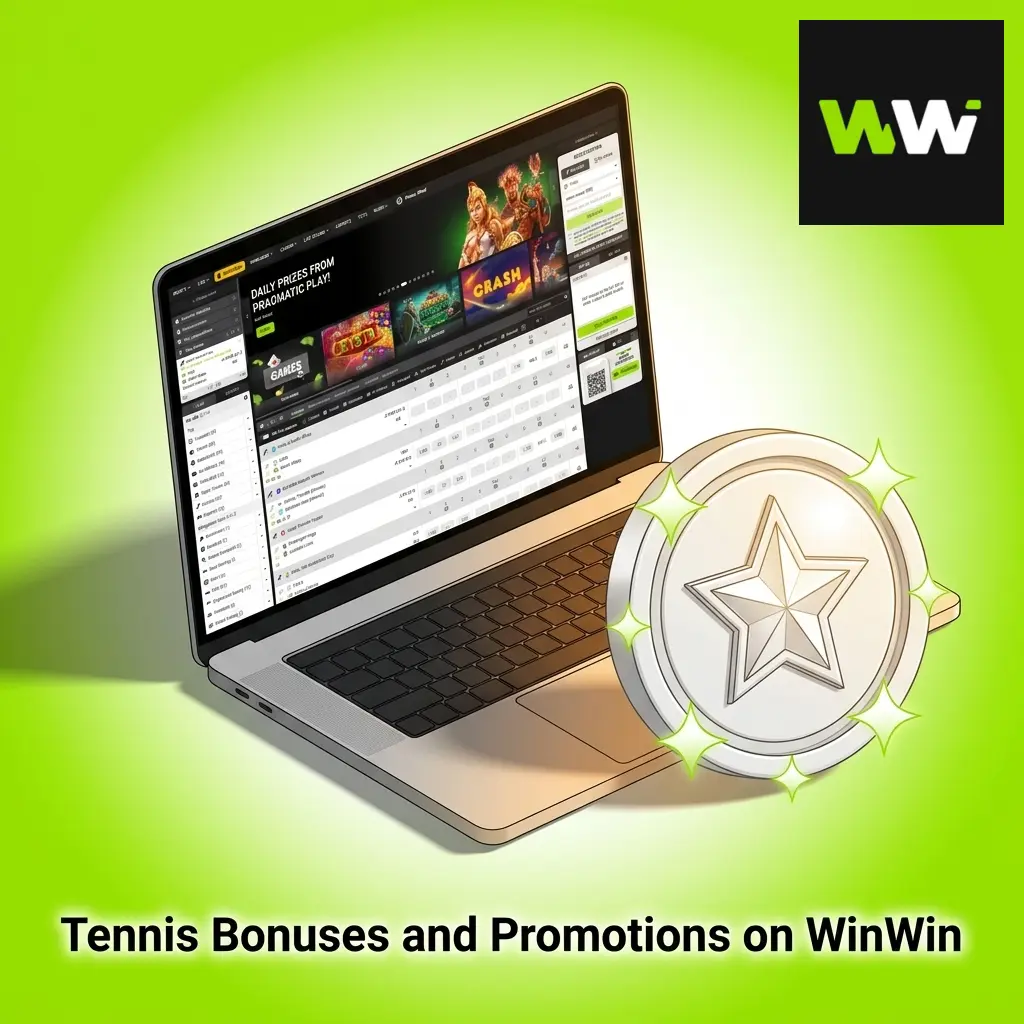 Tennis player serving on court with WinWin betting bonuses and promotions highlighted for tennis fans