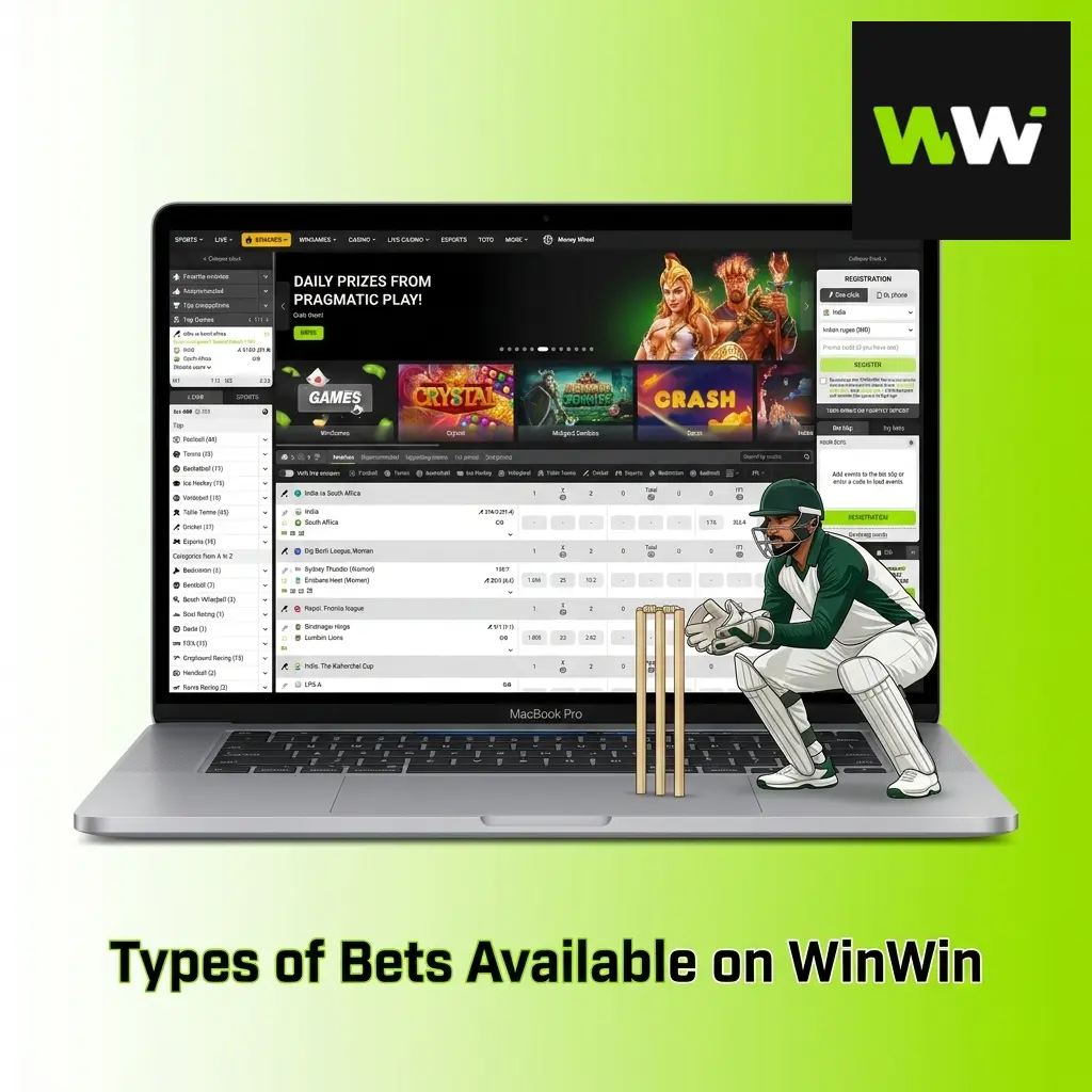 Various types of bets available on WinWin betting platform including sports, live, and casino wagering options