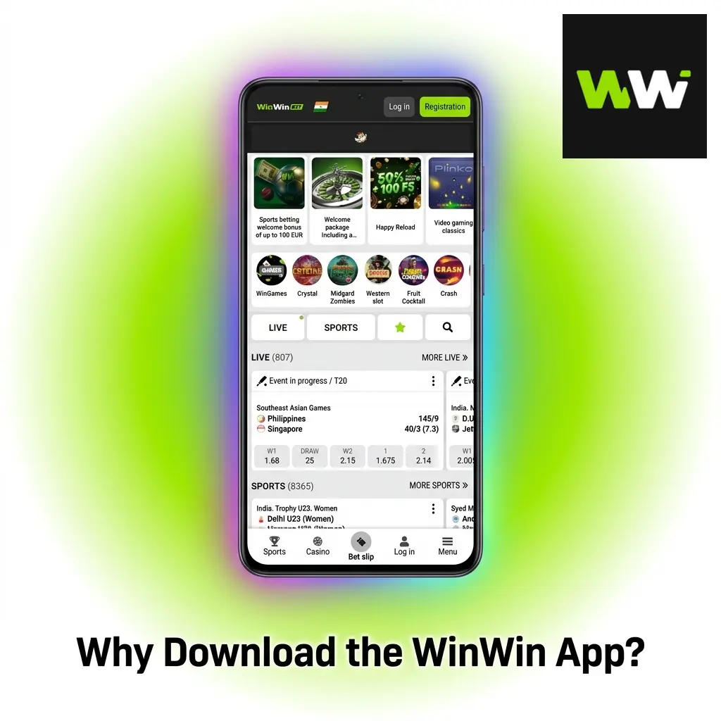 WinWin app download screen showcasing features and benefits on a mobile device