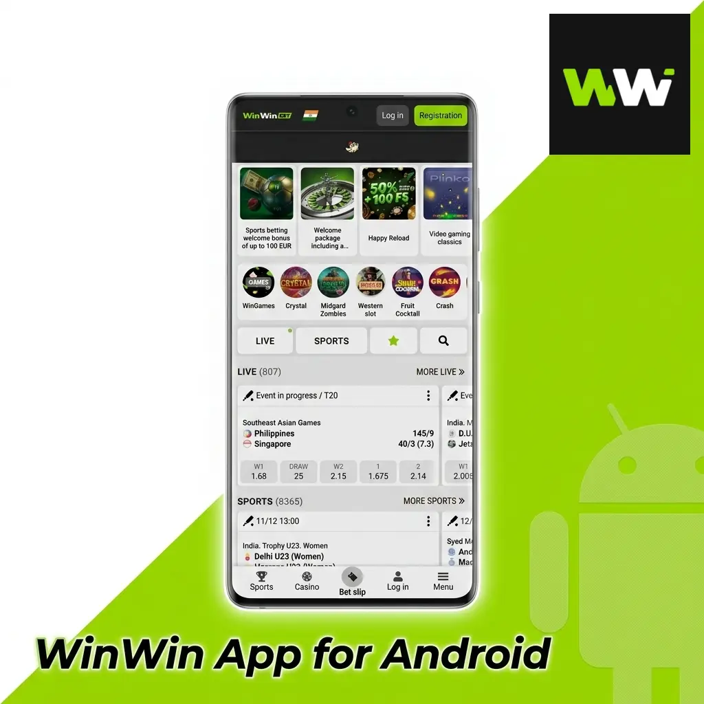 WinWin App interface displayed on an Android smartphone screen showing main features and navigation