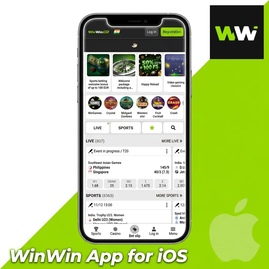 WinWin app interface displayed on an iOS device screen showing mobile application features