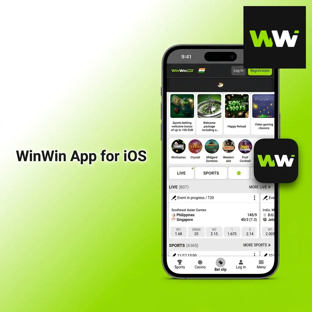 WinWin mobile app interface displayed on an iOS device, showcasing app features and design