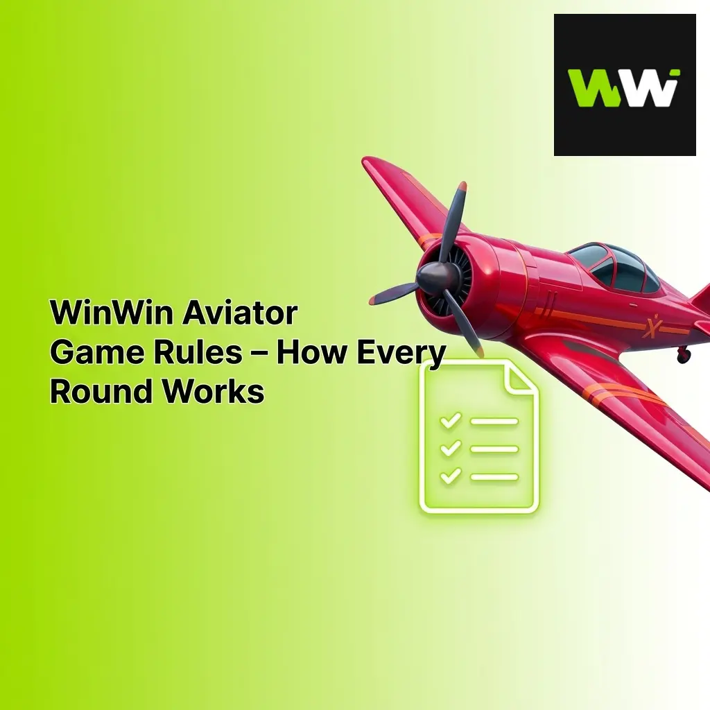 Aviator game interface showing plane taking off with multiplier rising, WinWin platform rules and round mechanics explained