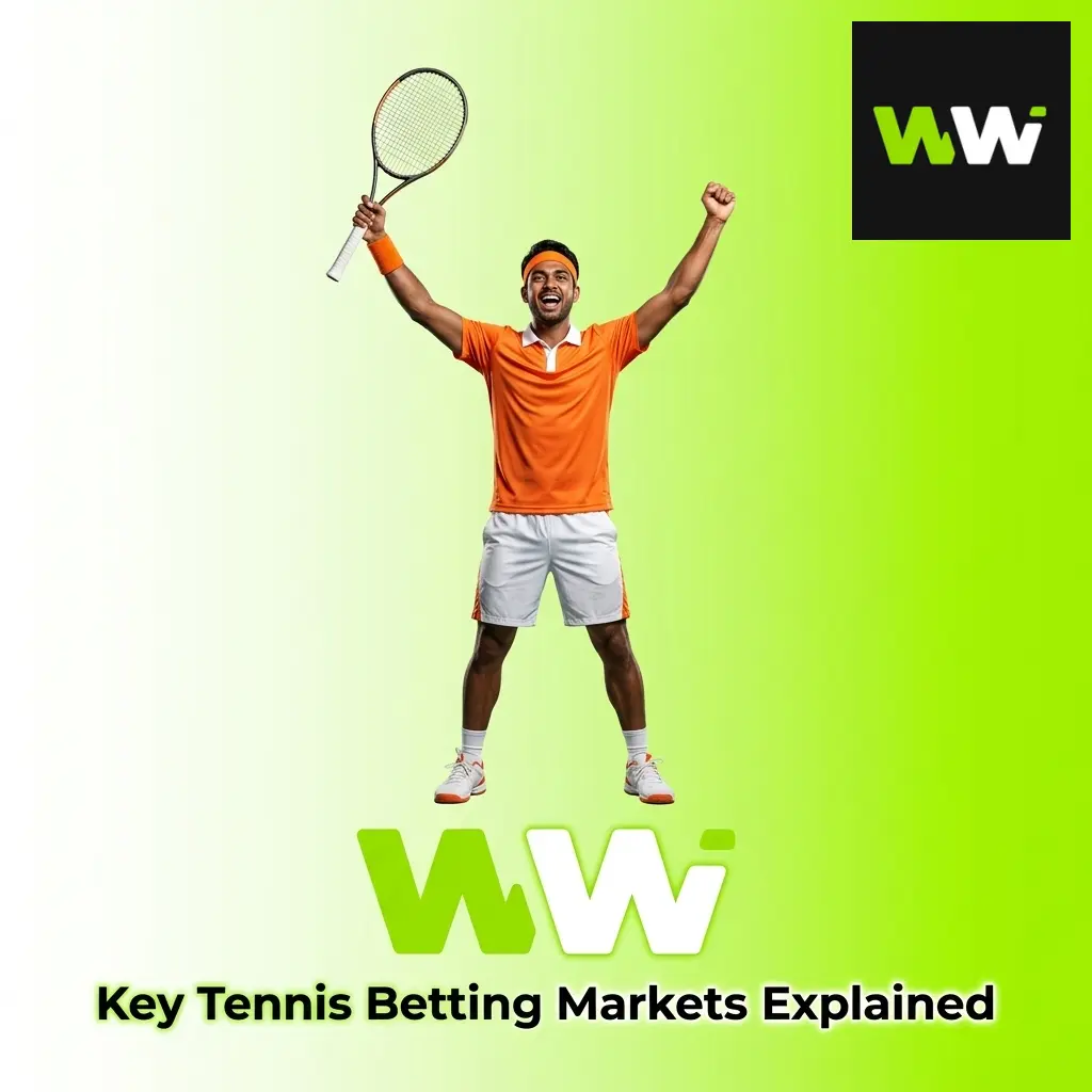 Tennis player serving on court with betting odds displayed, illustrating key tennis betting markets explained