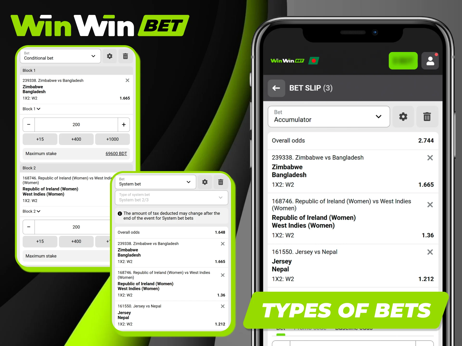 Choose different types of bets available inside the Winwin app.