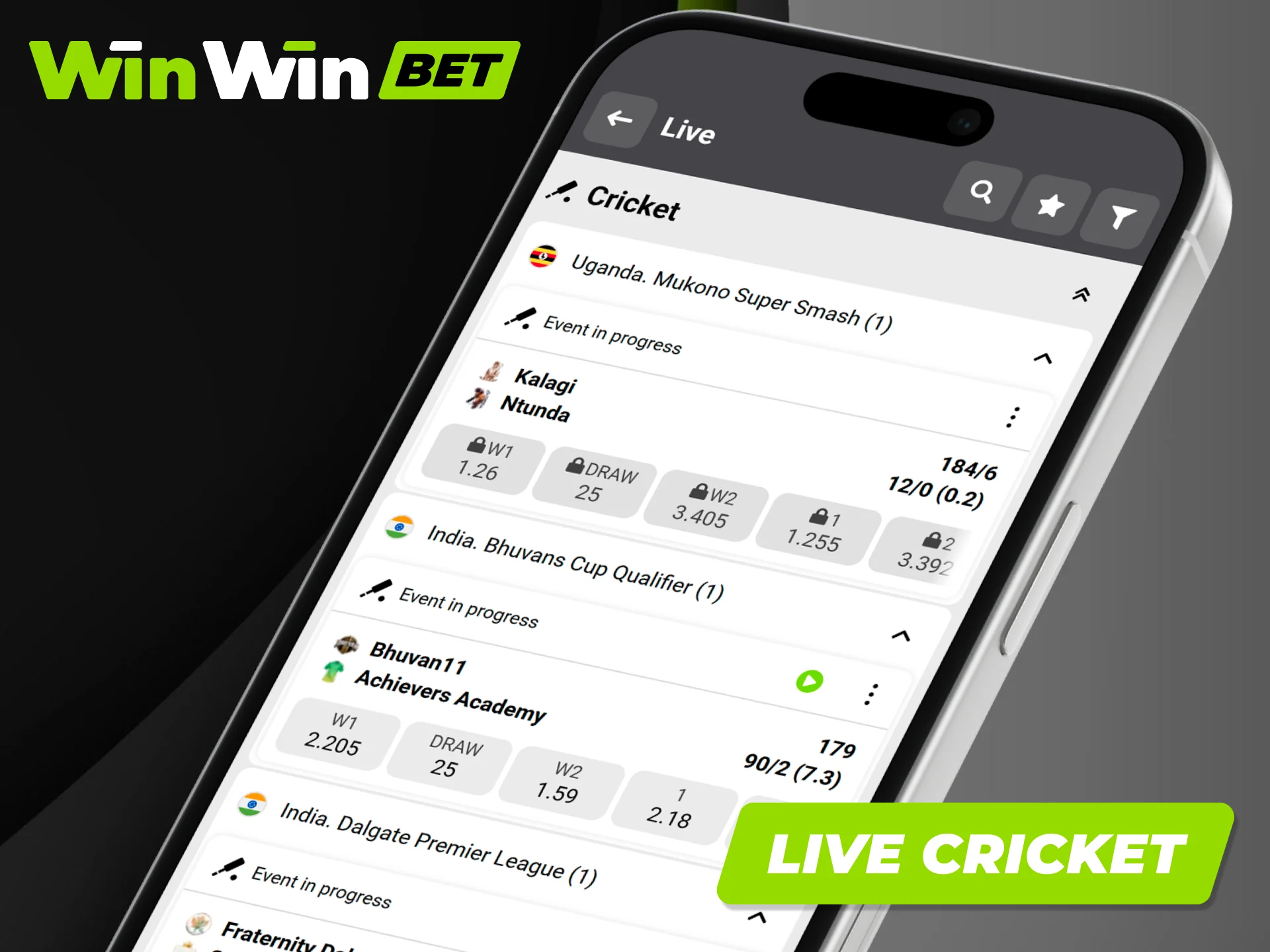Bet on live cricket matches using the Winwin betting app.