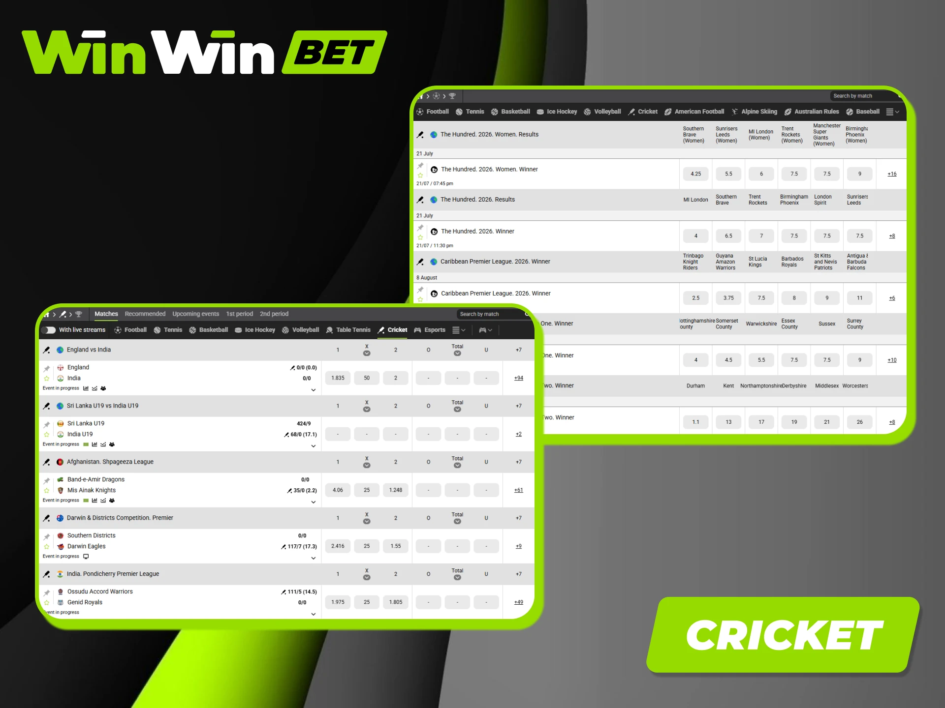 Place cricket bets on pre-match or live matches via the official Winwin website.