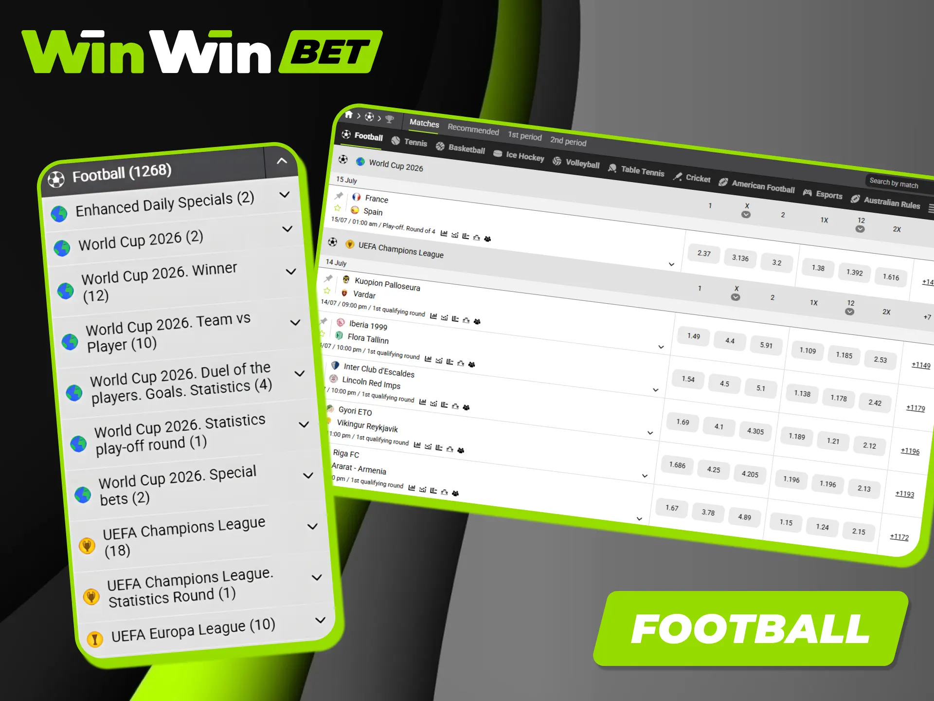 Bet on football events with top odds through the official Winwin betting platform.