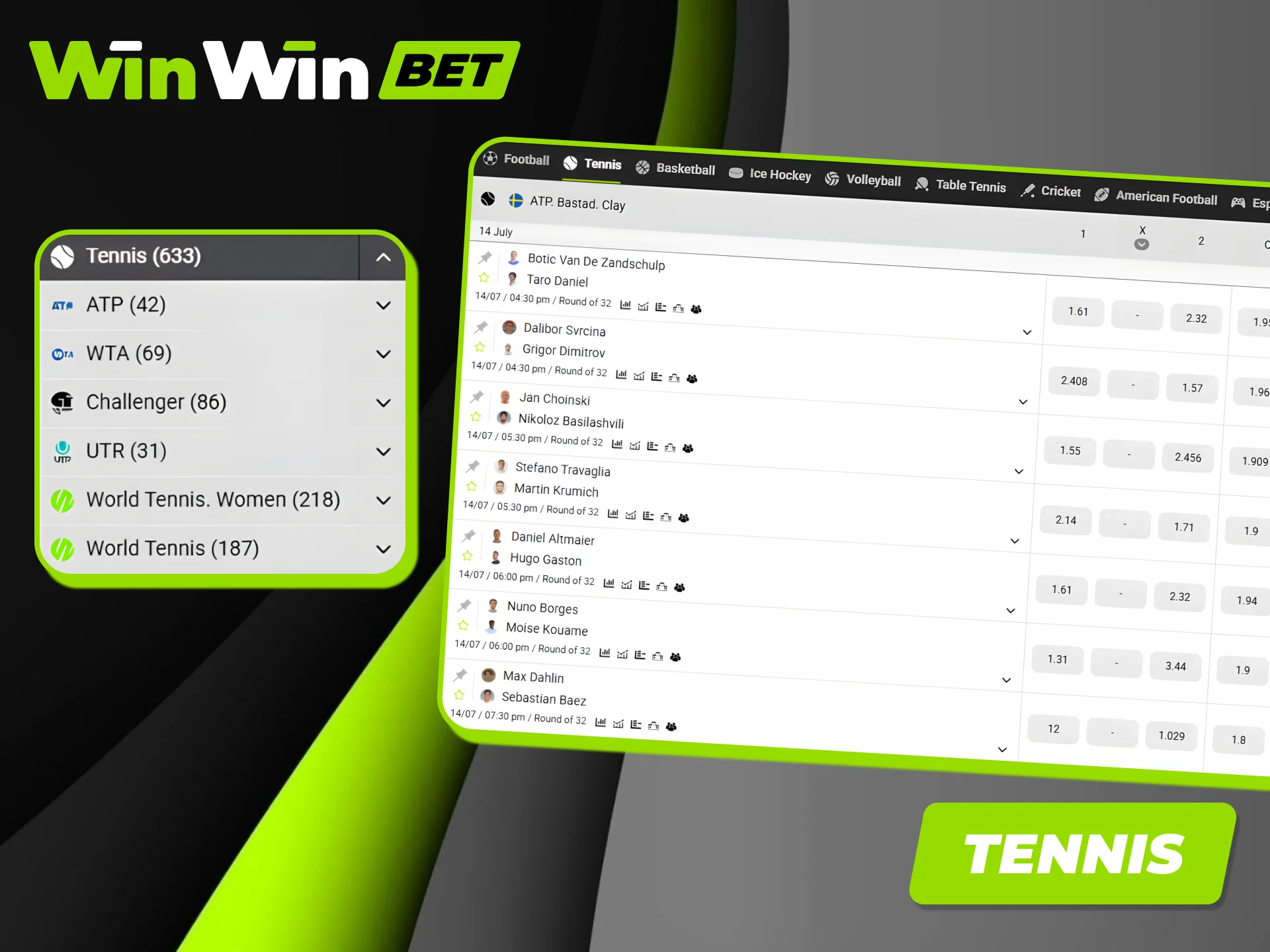 Launch tennis betting matches to win real money on the Winwin official portal.